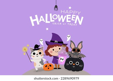 Feliz tarjeta de saludo de Halloween con bruja linda, calabaza naranja, murciélago, botella de veneno, gato y fantasma. Vector de personaje de caricatura de vacaciones.