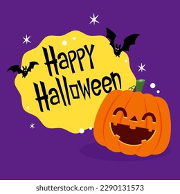 Happy halloween greeting card with cute pumpkin. Holidays cartoon character. Halloween pumpkin head vector.