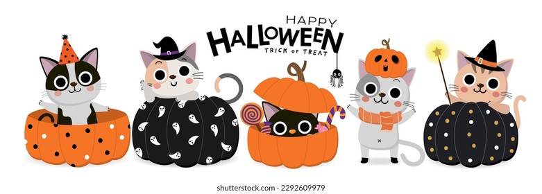 Happy halloween greeting card with cute cat in witch costume and decorated pumpkin. Holidays cartoon character. -Vector