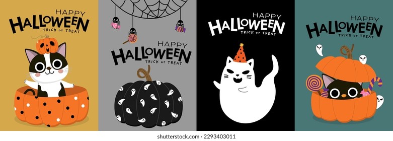 Happy halloween Grußkarte mit süßer Katze, Geist, Süßigkeiten und Kürbis. Feiertagskartoon-Charakter. -Vektorgrafik