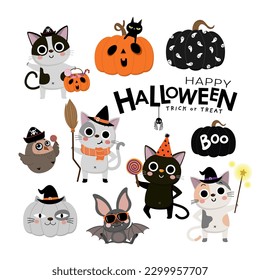 Happy halloween greeting card with cute cat in witch dress, bat, owl and pumpkin. Holidays cartoon character. -Vector