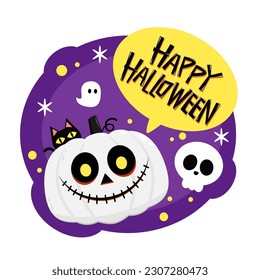 Happy halloween greeting card with cute pumpkin. Holidays cartoon character. Halloween pumpkin head vector.