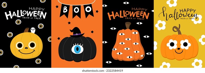 Feliz tarjeta de saludo de Halloween con calabaza de miedo adorable en concepto de fantasma. Personaje de caricatura de vacaciones. -Vector