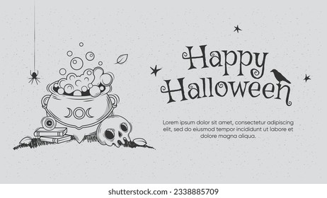 Happy Halloween greeting card with cute cartoon bat. Hand drawn vector illustration.