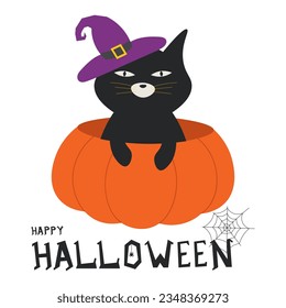Happy Halloween greeting card with cute black cat and spooky pumpkin wear witch hat. Animal holidays cartoon character. -Vector.
