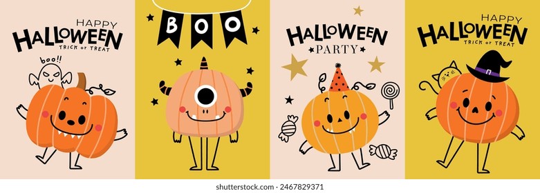 Happy halloween greeting card with cute monster pumpkin and ghost. Holidays cartoon character. -Vector