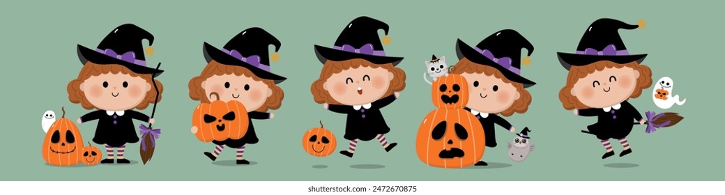 Happy halloween greeting card with cute witch, pumpkin, cat, ghost and little owl. Holidays cartoon character vector