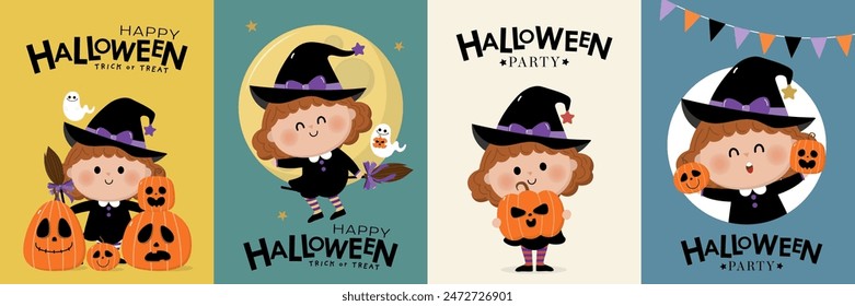 Happy halloween greeting card with cute witch, spooky pumpkin and ghost. Holidays cartoon character vector