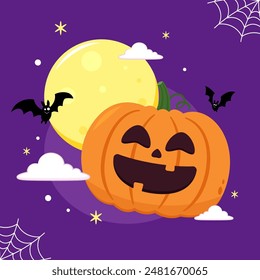 Happy Halloween greeting card with cute pumpkin. Holidays cartoon character. Halloween pumpkin head vector.