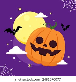 Happy Halloween greeting card with cute pumpkin. Holidays cartoon character. Halloween pumpkin head vector.