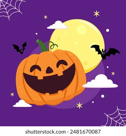 Happy Halloween greeting card with cute pumpkin. Holidays cartoon character. Halloween pumpkin head vector.