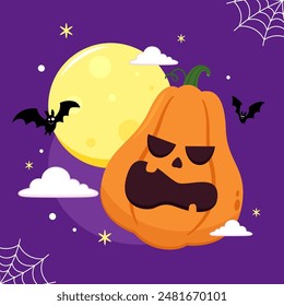 Happy Halloween greeting card with cute pumpkin. Holidays cartoon character. Halloween pumpkin head vector.