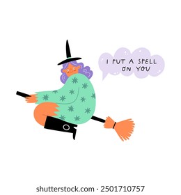 Happy halloween greeting card with cute witch. I put a spell on you lettering phrase. Vector illustration