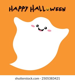 Happy Halloween greeting card with a cute flying Ghost on orange background. Cute childish cartoon design. Trick or treat. Vector illustration