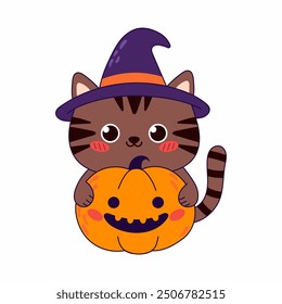 Happy Halloween greeting card with cute cat in witch hat with smiling pumpkin. Hand drawn Halloween party card