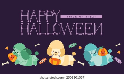 Fröhliche Halloween-Grußkarte mit süßem Pudel Welpen Hund, flach und bunte Illustration.