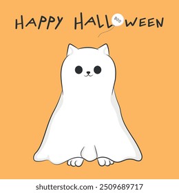 Happy Halloween greeting card with cute ghost cat. Cat in a ghost sheet. Vector illustration