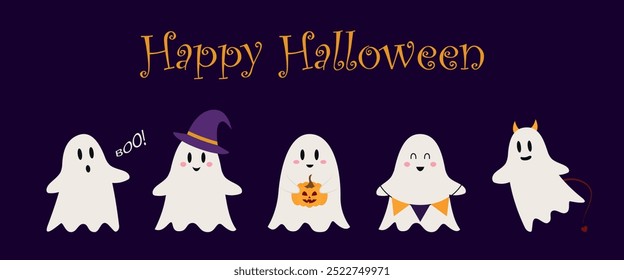 Happy halloween greeting card with cute ghost and fancy hat. Holidays cartoon character. Vector illustration