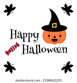 Happy Halloween greeting card with a cute pumpkin in a witch hat, candy and maple leaves on a white background. Kawaii pumpkin with Happy Halloween text for All Saints Day poster, banners, cards. 