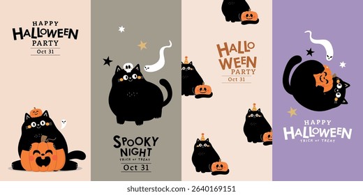 Happy Halloween greeting card with cute black cat and spooky pumpkin. Animal holidays cartoon character. -Vector.