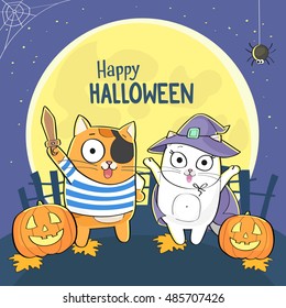 Happy Halloween greeting card with cute cats in costumes and carved pumpkins