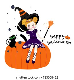 Happy Halloween greeting card. Cute girl and cats sitting on the pumpkin