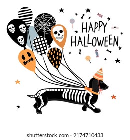 Happy Halloween greeting card with  dachshund dog in skeleton costume and balloons with skulls and faces spooky and funny.Colorful background for printing on fabric and paper.Vector flat illustration.