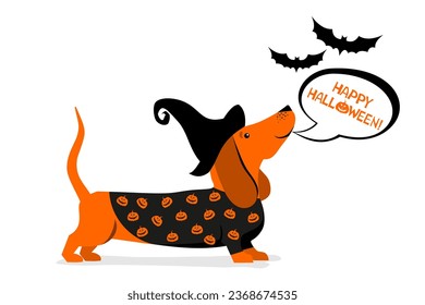 Feliz tarjeta de saludo de Halloween con perro dachshund. Dachshund con disfraz de Halloween.  Perfecto para la reserva de recortes, niños, papelería, Halloween, ropa, accesorios y proyectos de decoración en casa.