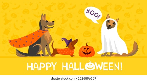 Happy Halloween greeting card. Dachshund in Halloween costume. Halloween Dog Design Bundle. Set of dogs wearing costumes. Cute Pets dressed for carnival party cartoon. Vector for banner, sticker label