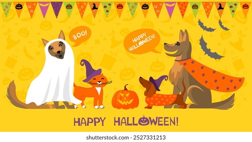 Tarjeta de felicitación feliz de Halloween. Dachshund en disfraz de Halloween. Paquete de diseño de perro de Halloween. Conjunto de perros con disfraces. Mascotas lindas vestidas para la historieta del partido del carnaval. para el Anuncio, etiqueta engomada