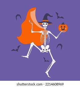 Happy Halloween. Halloween greeting card. Dancing skeleton in a hat and cape with a pumpkin lantern. Vector illustration.