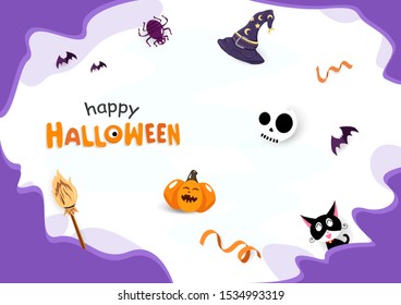 Happy Halloween greeting card, decorate festival party celebrate holiday poster, cartoon character flat design invitation vector illustration