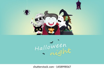 Happy Halloween greeting card, decoration celebrate holiday party, vampire, witch, mummy, bat, spider, cat and pumpkin cartoon vector illustration