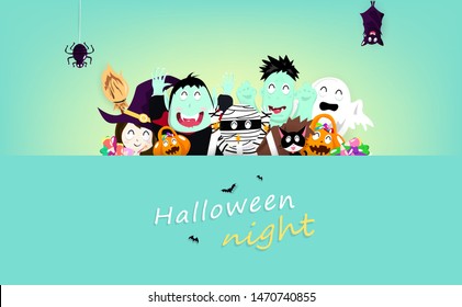 Happy Halloween greeting card, decoration celebrate holiday party, vampire, witch, mummy, bat, spider, cat and pumpkin invitation cartoon vector illustration
