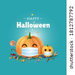 Happy Halloween greeting card design. Cute illustration with pumpkins wearing face masks for protection from coronavirus and sweets on green background. - Vector
