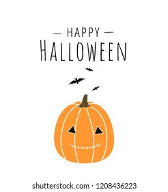 Happy Halloween greeting card design with cartoon cute pumpkin on white background. - Vector illustration
