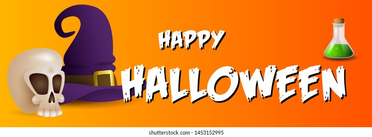 Happy Halloween greeting card design with skull, potion and witch hat on orange background. Halloween concept. Vector illustration can be used for banner, poster, flyer