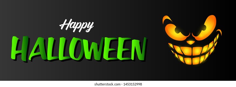 Happy Halloween greeting card design with ominous smiling face on black background. Halloween concept. Vector illustration can be used for banner, poster, flyer