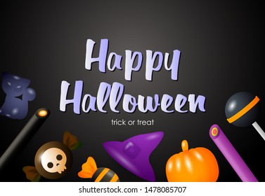 Happy Halloween greeting card design with sweets, witch hat and holiday attributes on green background. Lettering can be used for invitations, posters, flyers