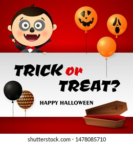 Happy Halloween greeting card design with Dracula with funny makeup, coffin and flying ugly mask balloons on red background. Lettering can be used for invitations, posters, postcards