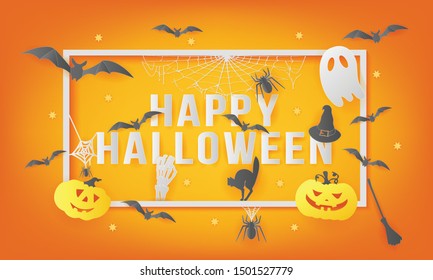 Happy Halloween greeting card design in paper cut and craft style. Vector greeting card illustration.