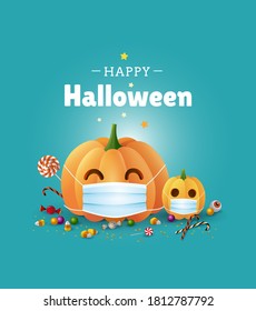 Happy Halloween greeting card design. Cute illustration with pumpkins wearing face masks for protection from coronavirus and sweets on green background. - Vector