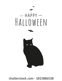 Happy Halloween greeting card design in minimalist style. Black cat sitting on white background. - Vector illustration