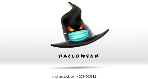 Happy Halloween greeting card design. Witch hat wearing face mask protecting from coronavirus or COVID-19