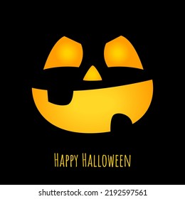 Happy Halloween greeting card design. Vector illustration of a smiling pumpkin face on the black background. Creepy grin. Spooky october holiday. Evil smile.