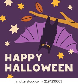 Happy Halloween greeting card design. Helloween holiday background template with cute funny spooky vampire bat. Square postcard for kids October night. Childish flat graphic vector illustration