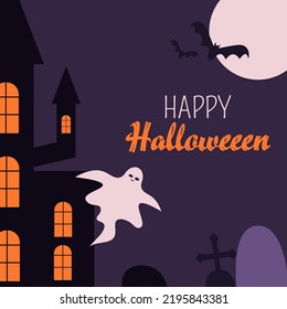 Happy Halloween greeting card design with cute evil ghost, bats, haunted house, graves. Helloween square postcard, invitation, poster template. Flat vector illustration for holiday celebration