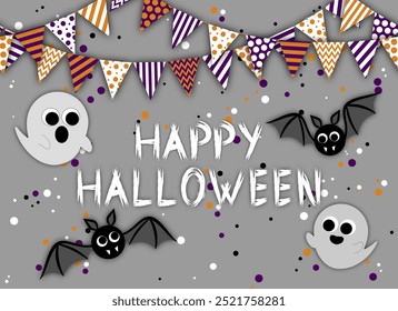 Happy Halloween, greeting, card design template, greetings on the background of very cute ghosts with cute round bats, garlands of triangular flags and confetti. modern bright vector illustration