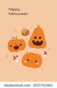 Happy Halloween, greeting card design. Cute smiling pumpkins, haunted creepy funny Jack-o-Lantern decorations. Festive October 31 postcard. Autumn holiday poster. Kids flat vector illustration