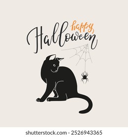 Happy Halloween. Greeting card design with cute black cat looking at spider. Vector illustration with hand drawn lettering for poster, social media, banner and more